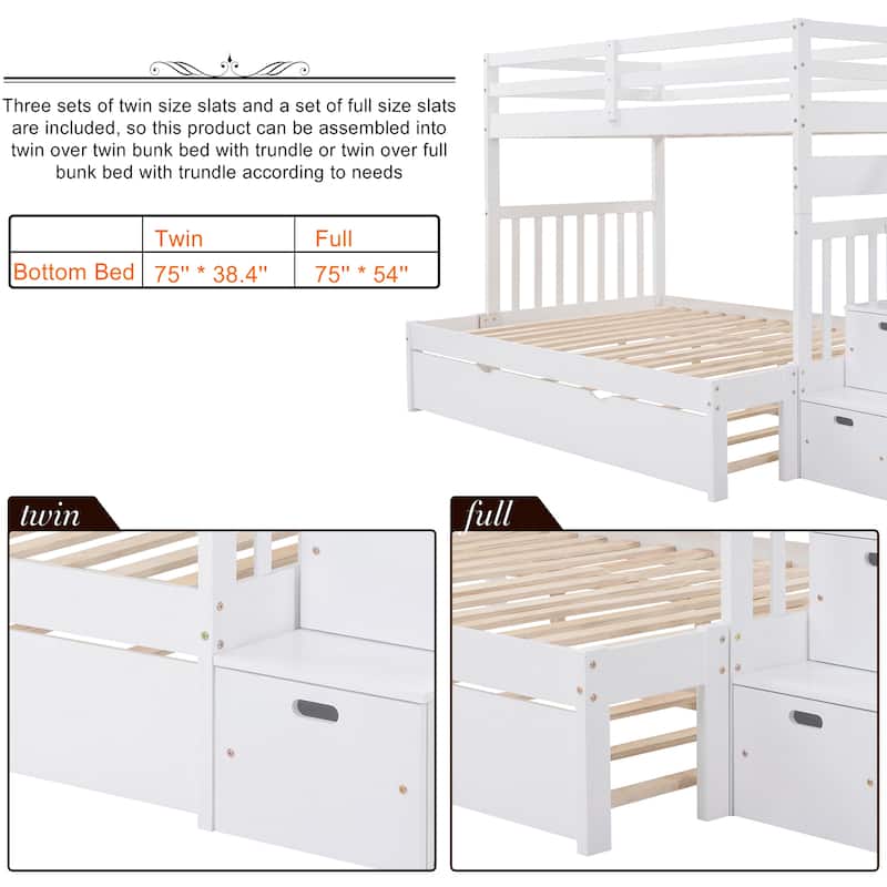 Roomfitters Twin Over Twin Bunk Bed with Staircase, Storage Drawers and Trundle, White