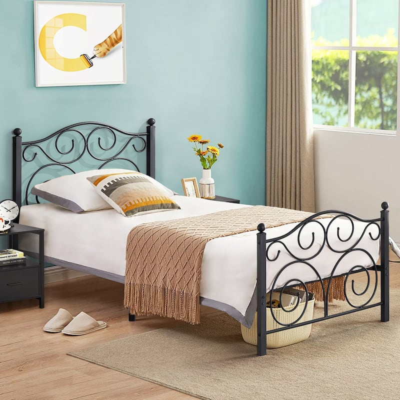 Metal Platform Bed Frame with Scroll Headboard