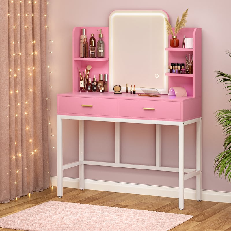 Vanity Table with LED Mirror, Kid's Makeup Vanity Desk with 2 Storage Drawers