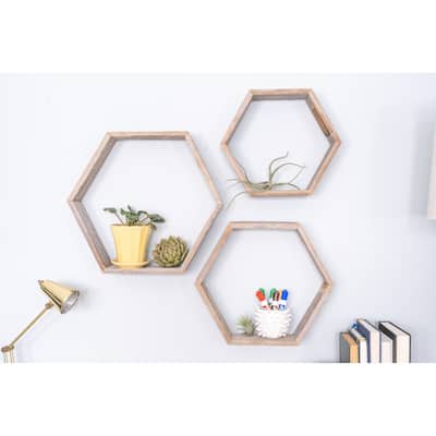 Rustic Farmhouse Weathered Gray Floating Hexagon Shelves (Set of 3)