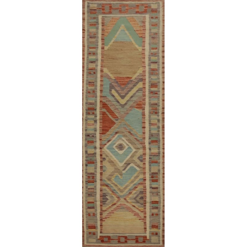 Hand Woven Oriental 100% Wool Carpet Southwestern Tribal Multi-Colored Kilim Runner Rug - 8' 3'' X 2' 3''