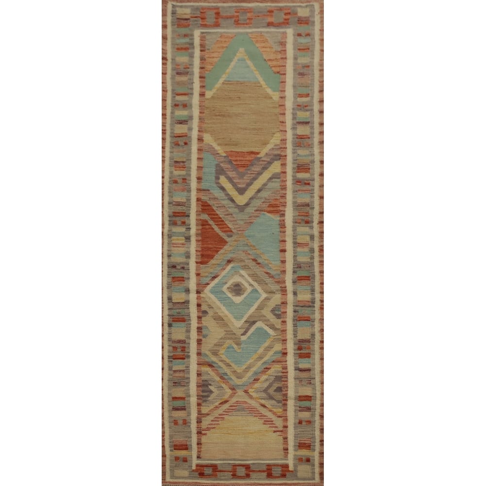Hand Woven Oriental 100% Wool Carpet Southwestern Tribal Multi-Colored Kilim Runner Rug - 8' 3'' X 2' 3''
