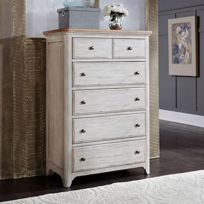 Farmhouse Reimagined Antique White with Chestnut 5 Drawer Chest