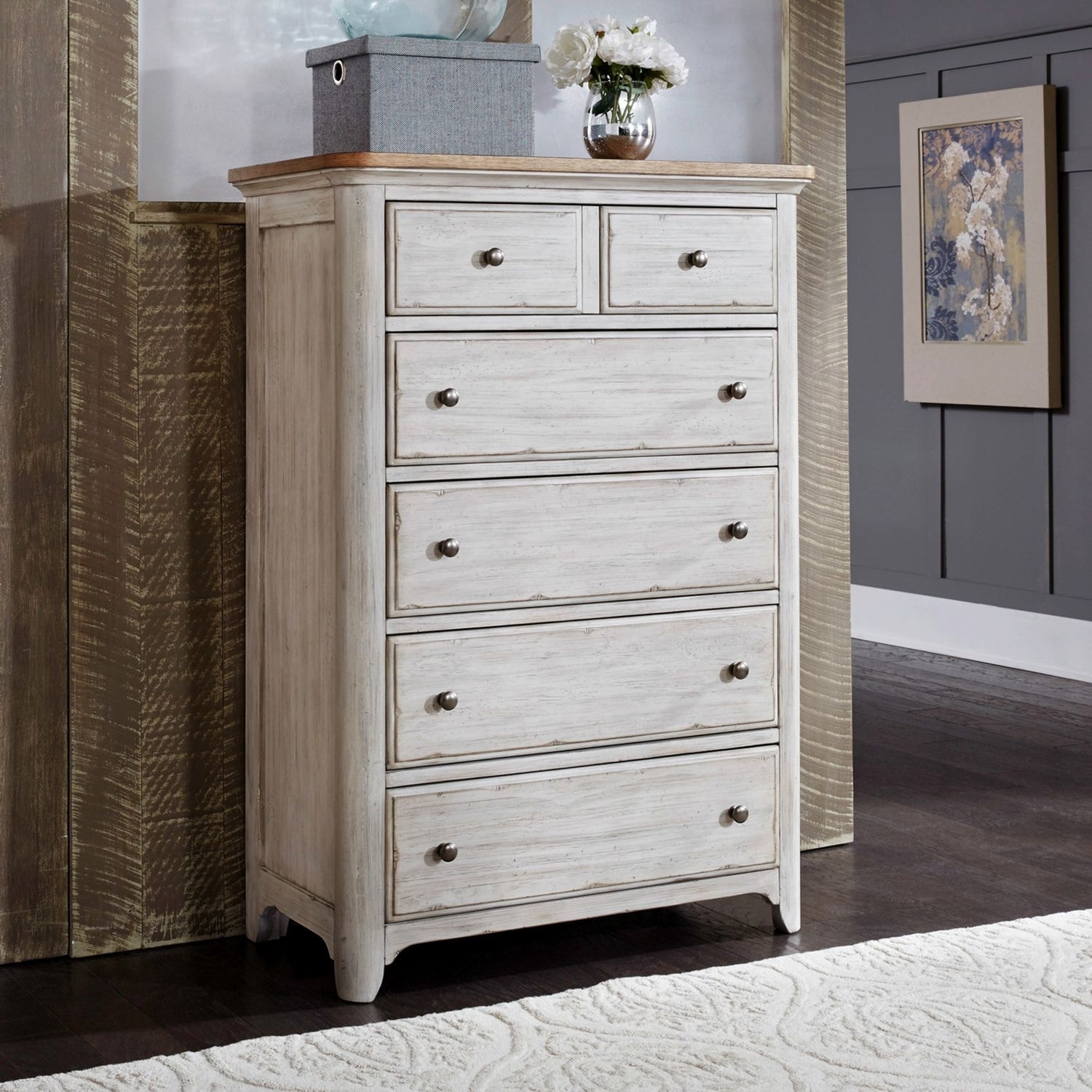 Liberty Furniture Farmhouse Reimagined Bedroom 5 Drawer Chest Antique White & Chestnut