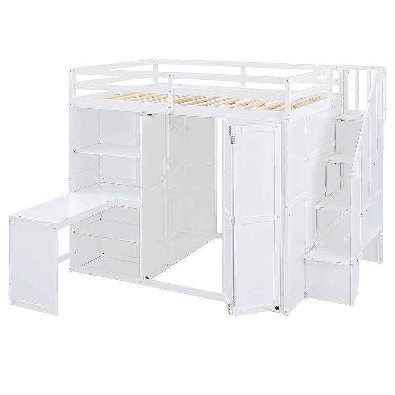 Full Size Bunk Bed with Wardrobe, Desk, and Shelves for Kids
