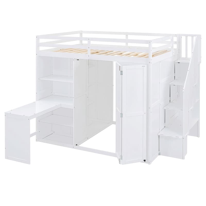 Full Size Bunk Bed with Wardrobe, Desk and Shelves for Kids, Boys and Girls, Bedroom