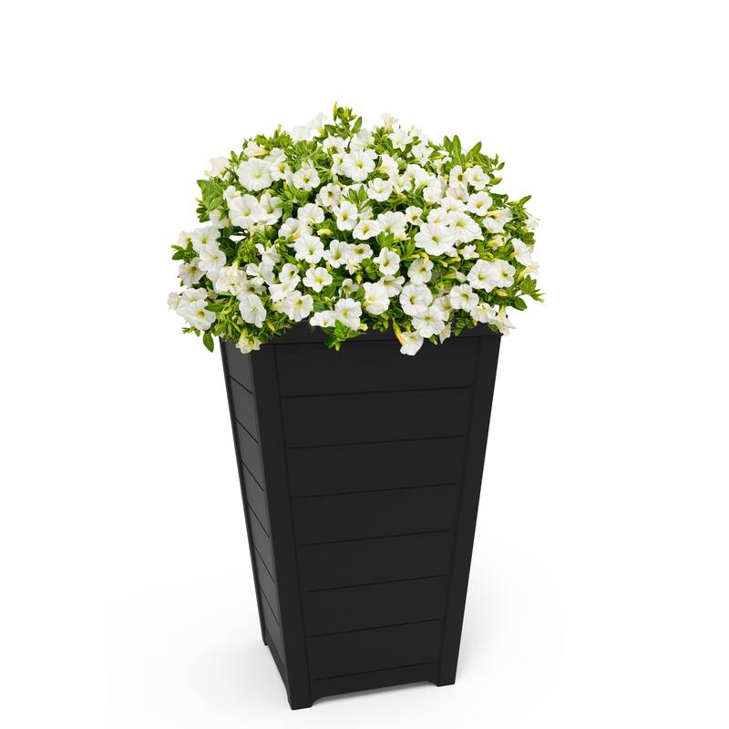 Keter Set of 2 Resin Modern Outdoor 22 Inch Tall Large Flower Pot Planters in a Stylish Tapered Wood Look Pattern