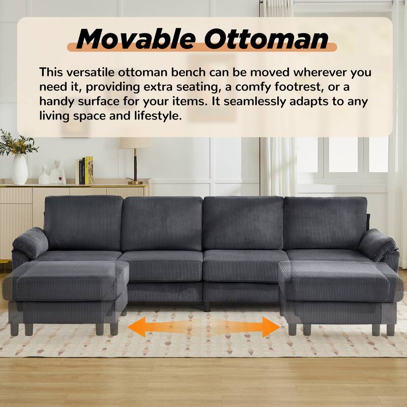 116.5" Corduroy U-Shaped Modular Sectional Sofa with 2 Movable Ottomans
