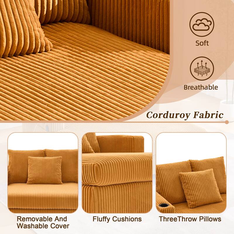 HOMEFUN Corduroy Upholstered Oversized RGB LED Light Recliner Sofa Bed with Cup Holder,USB&3 Pillows