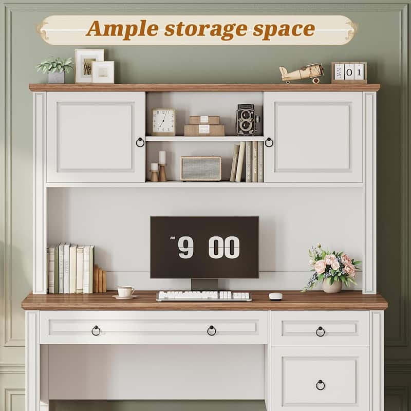 Farmhouse Executive L Shaped Desk Home Office Desk with Drawers and Storage Cabinet & Power Outlet