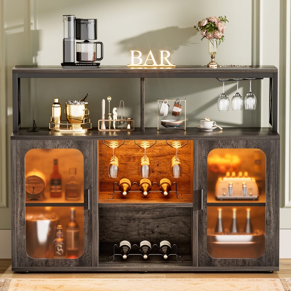 Buffet Sideboard Cabinet Wood Coffee Bar Cabinet with Charging Station and LED lights