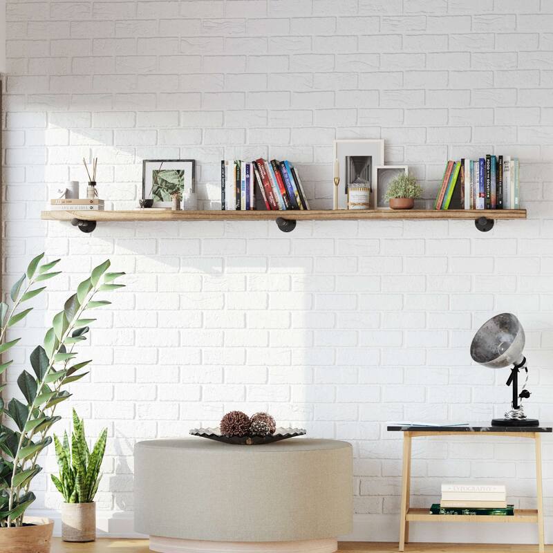 Wallniture 60 or 84 inch Long Wall Shelf, Industrial Pipe Shelving, Wooden Book Shelves for Living Room, Rustic Decor, 1 Pc