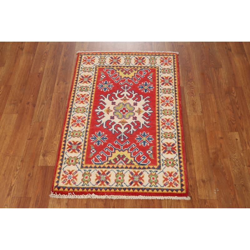 Red Traditional Kazak Oriental Rug Hand-Knotted Wool Carpet - 2'0"x 3'0"