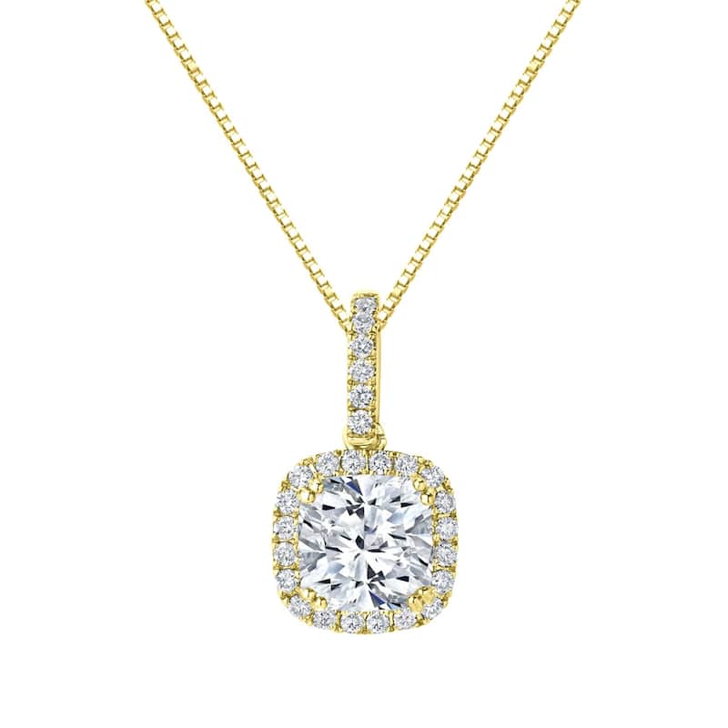Auriya 14k Gold 2 1/4ct TDW Certified Cushion-Cut Halo Diamond Necklace (H-I, SI1-SI2) - Yellow