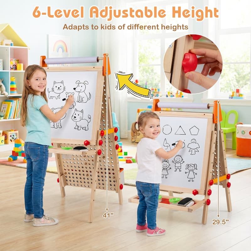 Gymax 4-in-1 Wooden Kids Art Easel w/Paper Roll Storage Tray & Marble