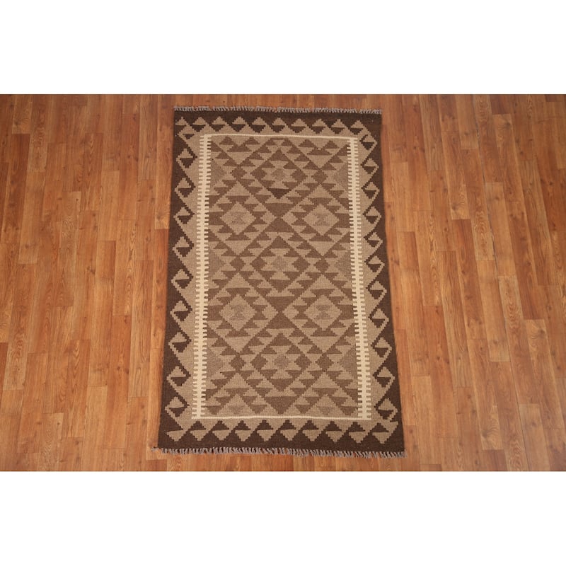 Flat-weave Geometric Kilim Reversible Area Rug Oriental Wool Carpet - 3'0" x 5'2"