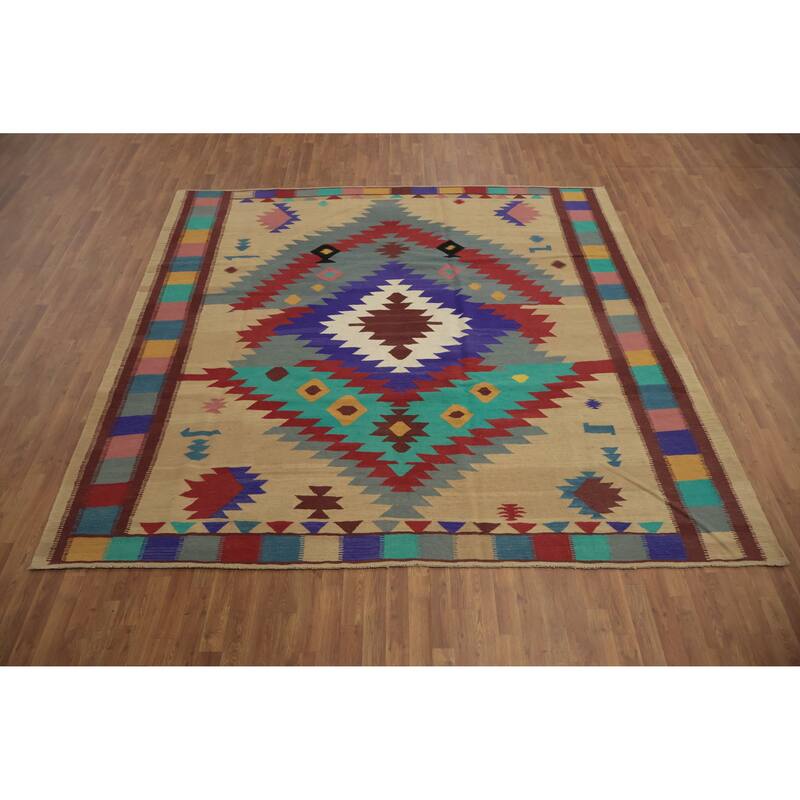 Hand Woven Oriental 100% Wool Carpet Southwestern Tribal Multi-Colored Kilim Area Rug - 9' 9'' X 9' 9''