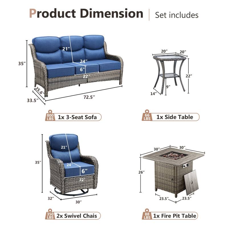 Pocassy 5 Pieces Outdoor 6" Sofa Swivel Chair with Fire Pit Table