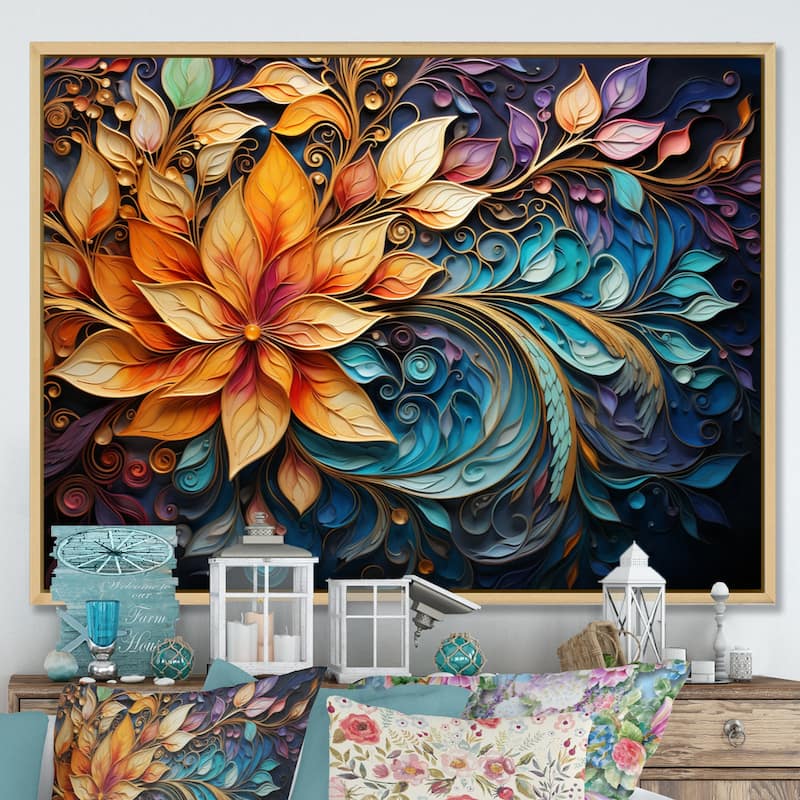 Designart "Colorful Indian Art Mystic Rangoli I" Indian Art Framed Wall Decor - 32 in. wide x 24 in. high - Natural