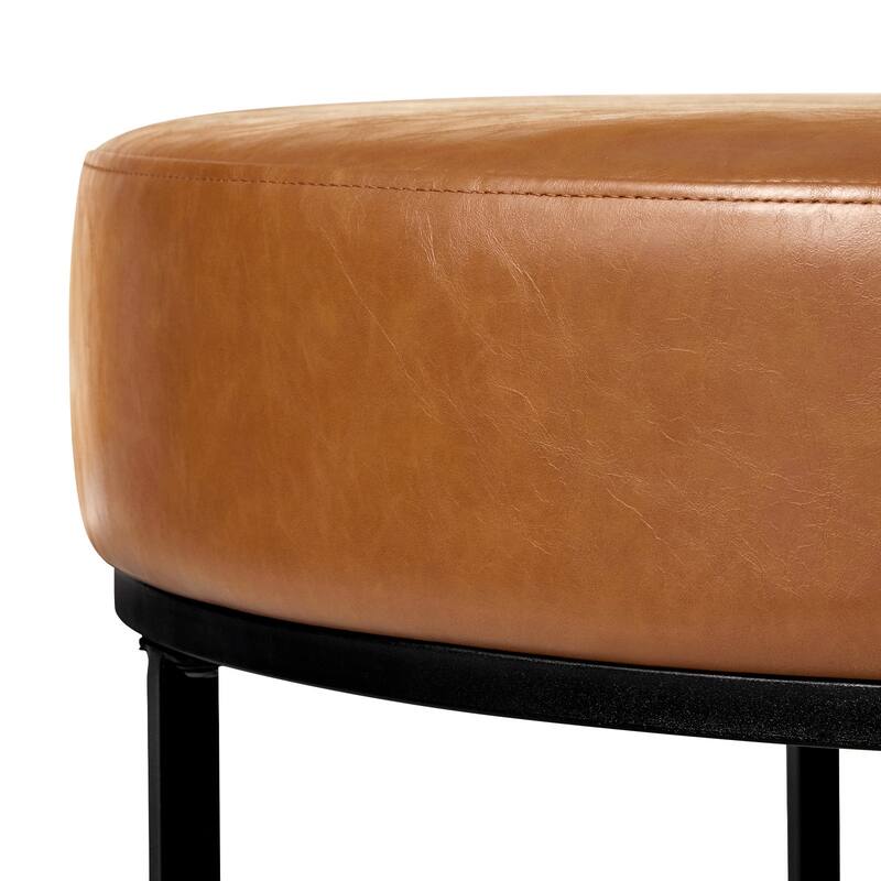 Faux Leather Round Ottoman for Living Room with Metal Legs