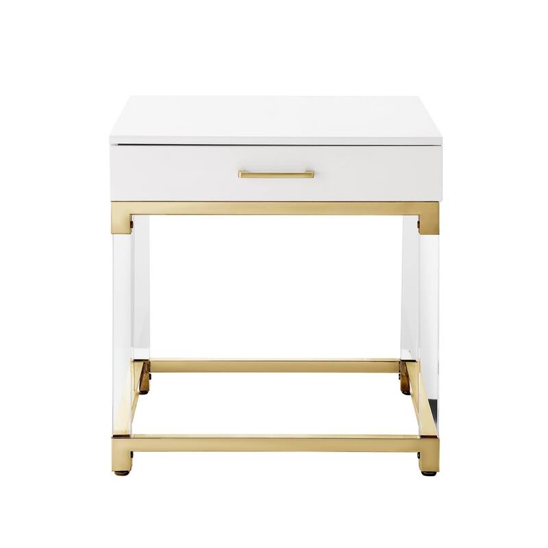 HomeRoots 24" White and Gold Wood Acrylic and Stainless Steel Square End Table With Drawer - 24' X '24' X '24