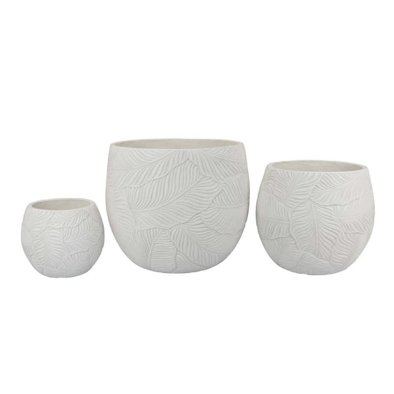 Sally Planter Set of 3, Round Intricate Leaf White Resin 17 13 9 Inch