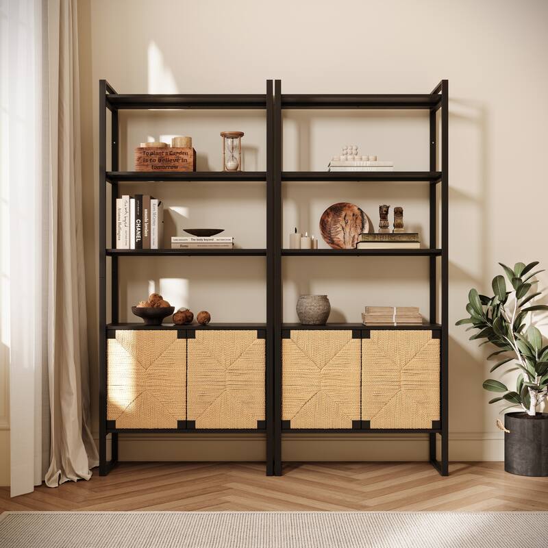 72.83" Natural Rattan Storage Bookshelf, 3-Tier Display Shelf with Storage Cabinet