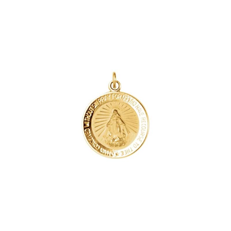 Curata 14k Yellow Gold 15mm Polished Round Miraculous Medal Necklace, 16"
