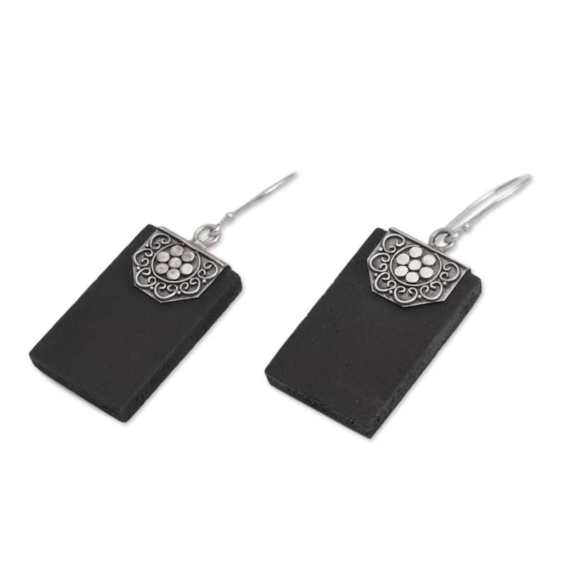 Handmade Sterling Silver Lava Stone Bars of Midnight Earrings (Indonesia) - 1.7*0.6