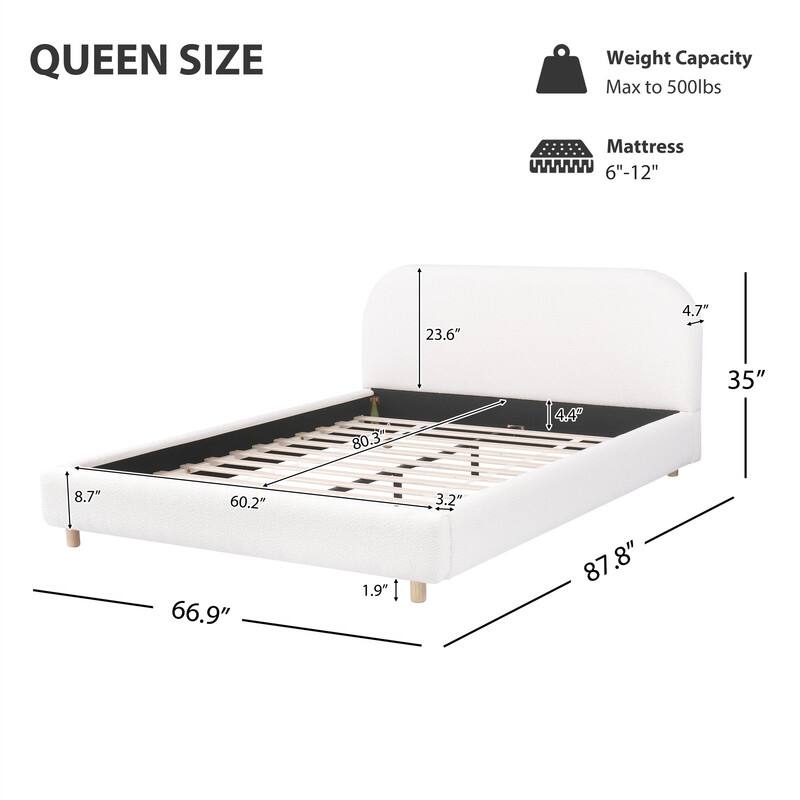Queen/King Size Platform Bed with Curve-Shaped Design Headboard, Boucle Fabric Upholstered Bed Frame with Slats Support