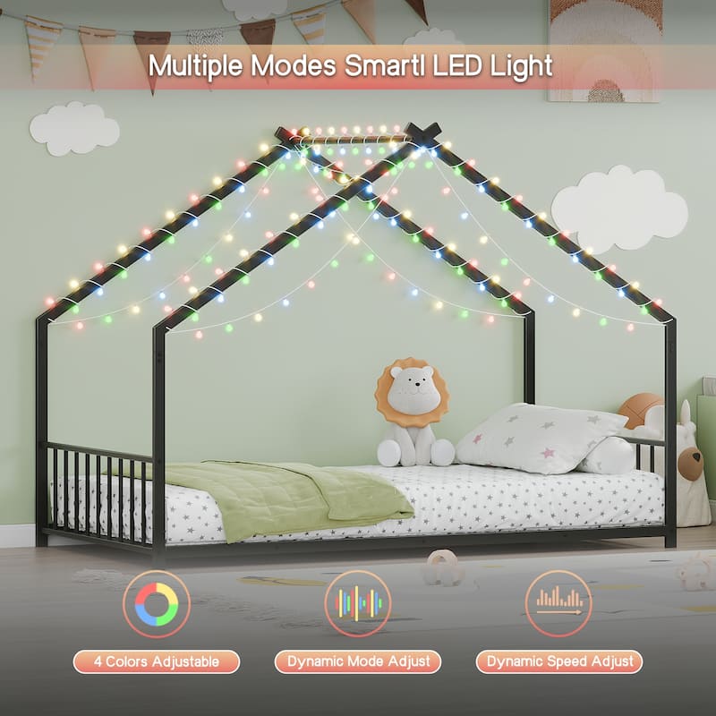 House-shaped Bed Frame, Toddler Kid Iron Floor Bed with House Roof Frame and LED Light Strips, House Daybed