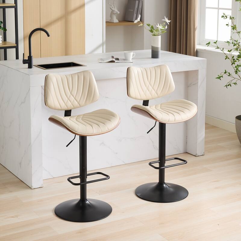 Modern Adjustable Counter Height Leather Upholstered 360°Swivel Bar Chairs for Kitchen Island/Dining Room/Cafe, Set of 2