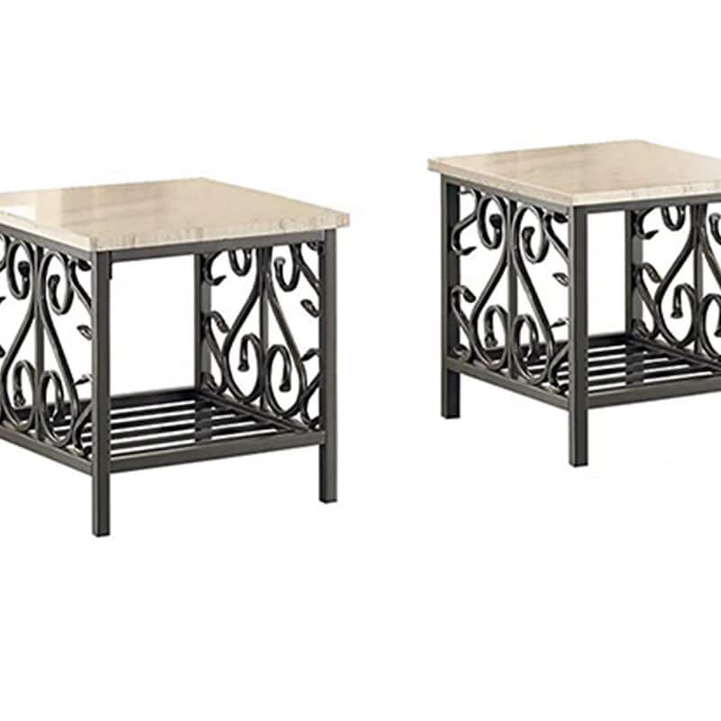 3 Piece Faux Marble Top Table Set With Decorative Metal Frame, Cream & Gray