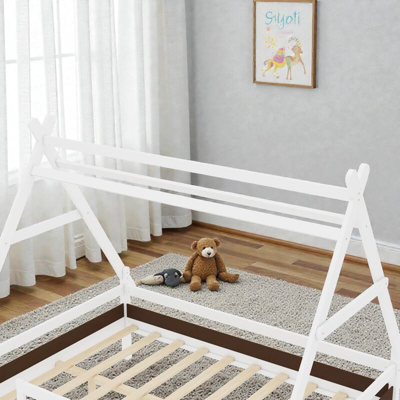 Twin/Full House Platform Bed with Stairs, Solid Wood Low Profile Kids Bed Frame, Fun Playhouse Design for Children