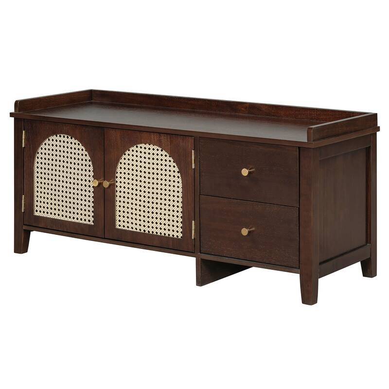 Wood Shoe Storage Bench with Cushion,2 Drawers and 2 Rattan Door