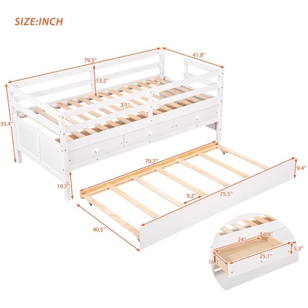White Solid Pine Wood Low Loft Bed Twin Size with Full Safety Fence, Storage Drawers, and Trundle