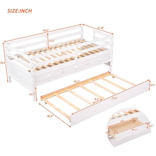 White Solid Pine Wood Low Loft Bed Twin Size with Safety Fence and Trundle