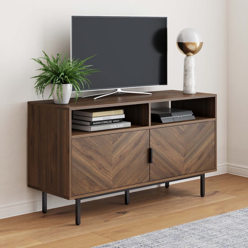 Izsak Media Console, TV Stand, Entertainment Cabinet with Herringbone Doors and Cubby Storage - Brown