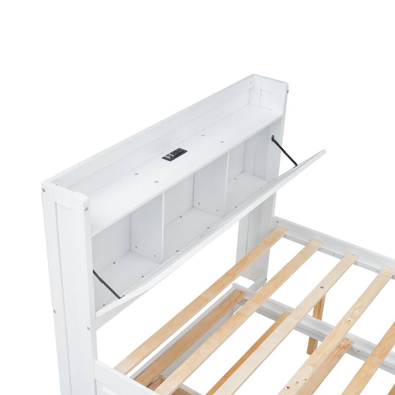 Full Size Wooden Storage Bed with Headboard Outlets, Extendable Trundle and Three Drawers, White