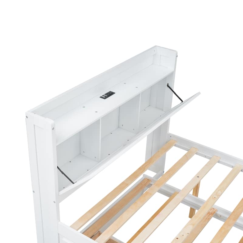White Full Size Extendable Wooden Platform Bed with Storage Headboard, Three Drawers, and Trundle