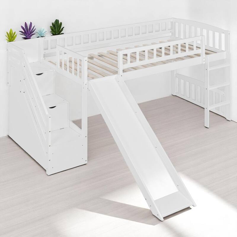Twin Size Loft Bed with Slide, Staircase Storage Drawers, Convertible Ladder, and Guardrails, No Box Spring Needed