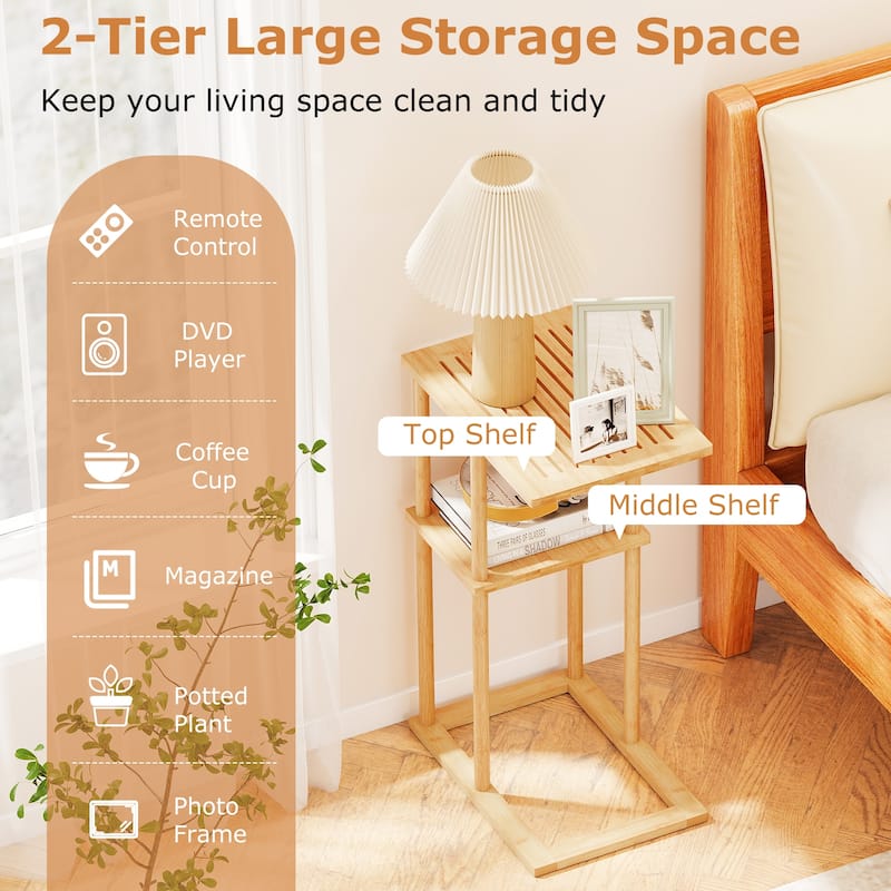 Gymax Side Table Set of 2 w/Storage Shelves & Bamboo Construction for