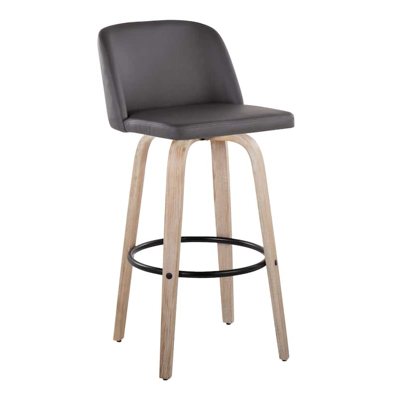 The Gray Barn Vallberga 30" Fixed-Height Bar Stool with White Washed Wood Base (Set of 2) - Grey Faux Leather/Round Black Footrest