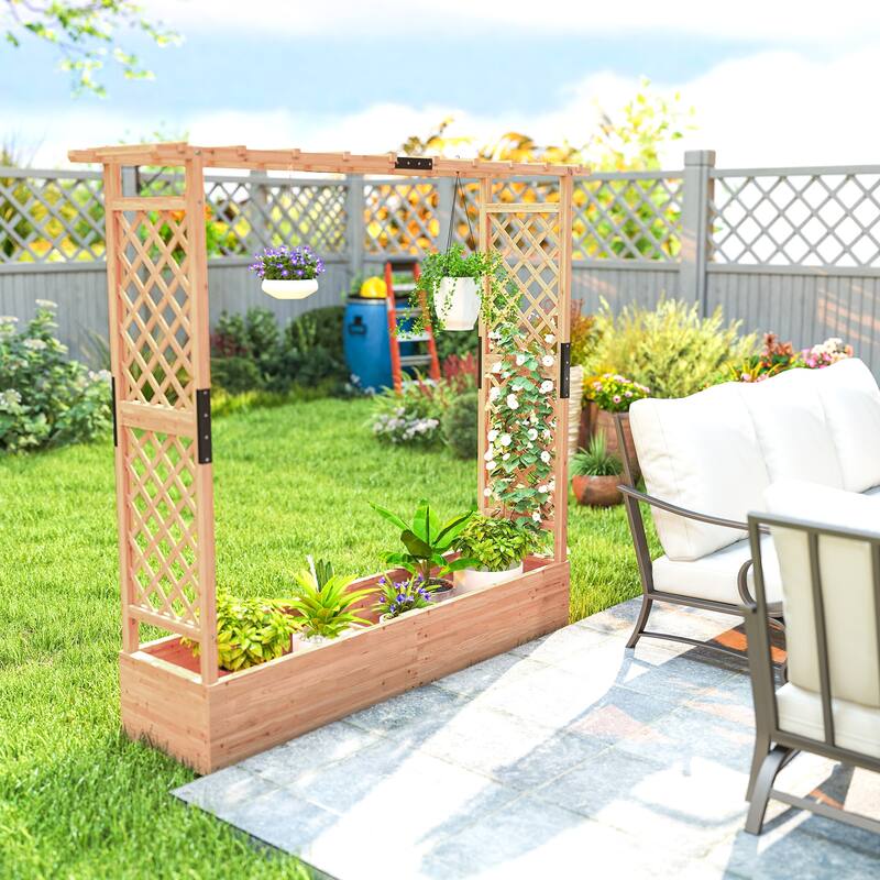 Outsunny Raised Garden Bed with Trellis, Wooden Planter Box with Hanging Roof and Drainage Holes, 77.2" x 17.3" x 71.3", Natural