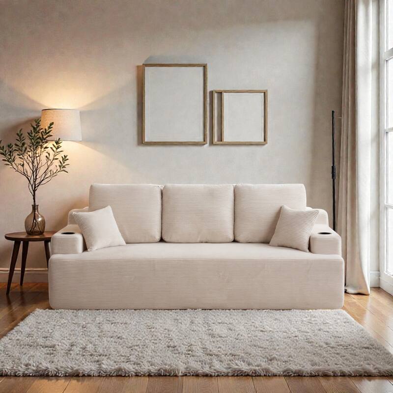 87 Inch 3 Seater Sofa Couch, Deep Seat Corduroy Living Room Sofa with Cup Holders and Side Pockets