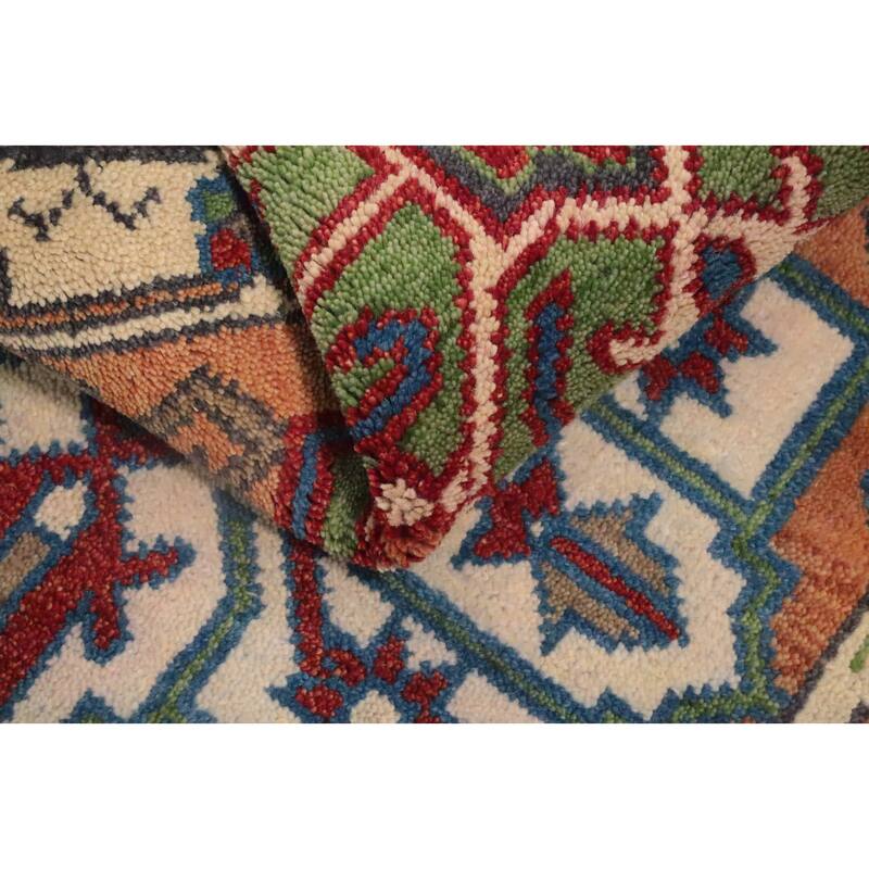 Hand Knotted Oriental 100% Wool Carpet Traditional Geometric Oranges & Rust Kazak Runner Rug - 8' 4'' X 2' 6''