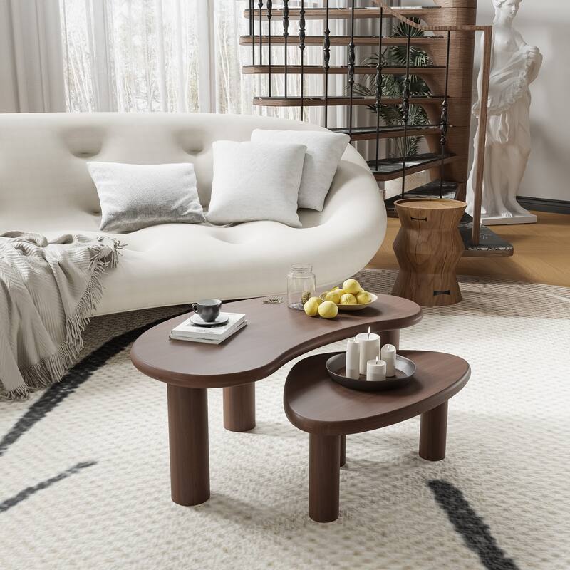 Modern Nested Coffee Tables Set 2-Piece Irregular Shaped Solid Wood Accent Tables for Home Office Living Room