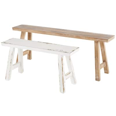Wood Slim Distressed Home Bench with Smaller White Bench - Set of 2 Brown - Roche River Decor