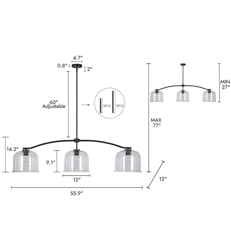 Modern Industrial Large 56"W Black 3-Light Linear Island Chandelier for Kitchen Island Dining Room - 55.9" W x 12" D x 14.2" H