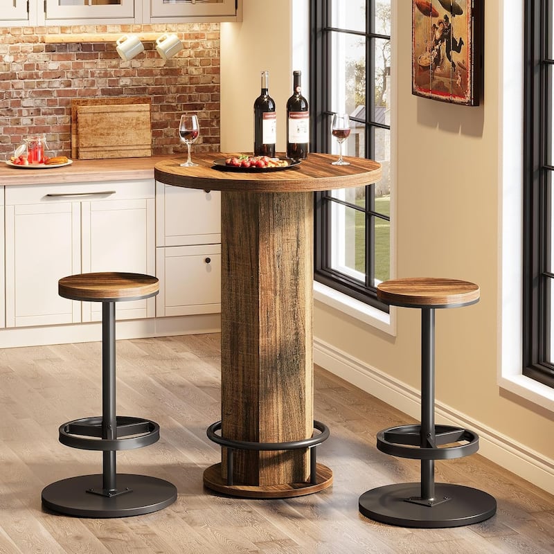 Industrial Round Bar Table with 2 barstools, Pub Table for Kitchen Nook, Apartment, Small Space - Brown